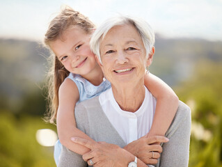 Hug, park and portrait of child with grandma for bonding, relationship and relax together on...