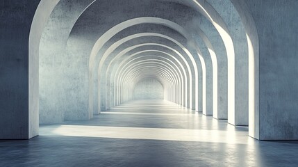 Obraz premium A minimalistic interior featuring a long corridor with arched ceilings and soft lighting casting shadows on the smooth floor