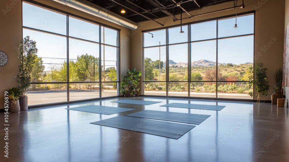 Poster an empty yoga studio with large windows overlooking a scenic view.