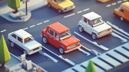 Colorful 3D Illustration of Cars Parked on Urban Street with Trees