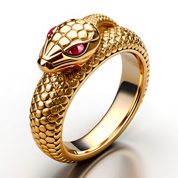 Gold ring with a head of snake with ruby eyes, golden precious symbol of the Year of the Snake, elegant jewelry design, white background, close up, isometric view