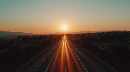 a long road with an empty asphalt surface stretching to the horizon and a clear sky at sunset. , Generative Ai 