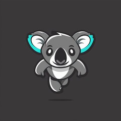 Fototapeta premium Cute cartoon koala with blue ears, jumping in mid-air with a big smile.