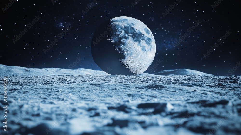 Canvas Prints a minimalistic representation of the moon hovering above a lunar landscape with a starry background