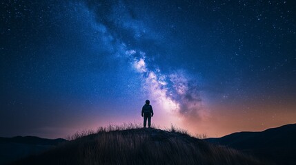 Fototapeta premium A silhouette of an astronaut in a spacesuit standing on a hilltop, gazing at a vibrant night sky filled with stars and the Milky Way