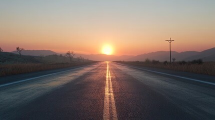 a long road with an empty asphalt surface stretching to the horizon and a clear sky at sunset. , Generative Ai 
