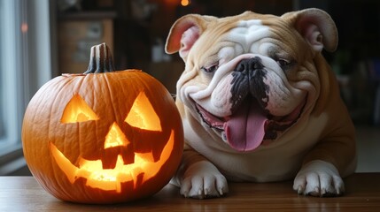 Playful Bulldog with Halloween Pumpkin Decoration