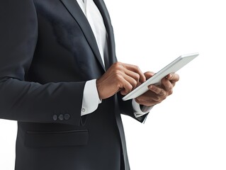A businessman working with a tablet on a white background