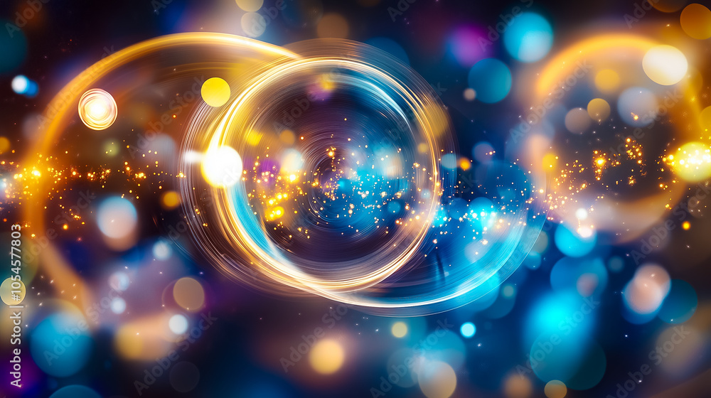 Poster dynamic light patterns symbolize quantum computing, merging technology and creativity in a digital l