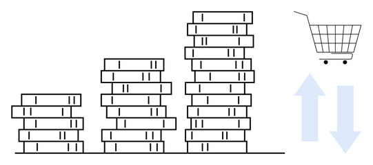 Black and white stacks of coins increasing in height with a shopping cart and up and down arrows. Ideal for financial growth, savings, investment, shopping trends, and economic analysis. Minimalist