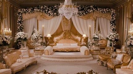 Luxurious bedroom with a large bed, white flowers, and a chandelier.