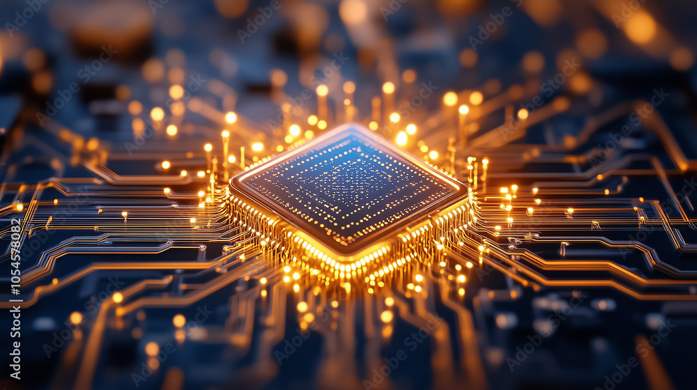 Poster an intricate view of quantum computing with circuits and glowing components, symbolizing advanced te