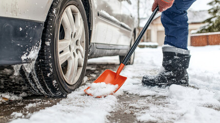 person is shoveling snow near car, inspecting snow shovel for damage while clearing driveway. scene captures effort and determination needed to manage winter conditions