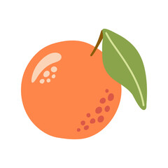 Summer juicy orange with leaves. Hand drawn cartoon fruit illustration.