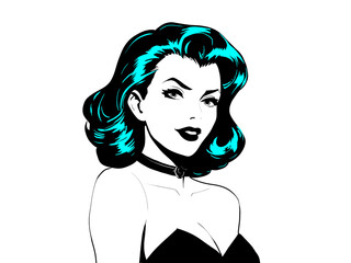 Black and white retro portrait illustration woman in black hair comic book style