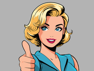 Colour retro portrait illustration woman in blonde hair thumb up sign comic book style