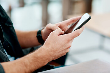 Relax, search and phone with hands of man for network, social media and connection. App, technology and digital with closeup of person in living room at home for contact, post and online news