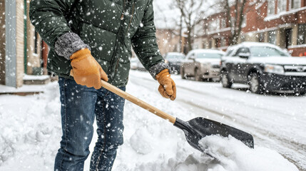 Naklejka premium person wearing winter jacket and gloves is shoveling snow on snowy street, surrounded by parked cars. scene captures effort and determination in winter weather