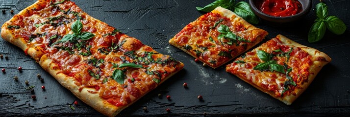 Slices of Delicious Homemade Square Pizza with Fresh Basil on Dark Background, Top View.