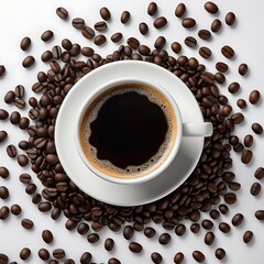 Obraz premium White cup of black coffee on a white saucer, surrounded by scattered coffee beans.