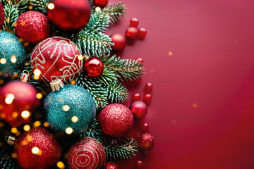 Obraz premium Decorative Christmas background with red and green ornaments and ample copy space for ads