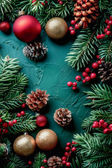 Festive Christmas background featuring red and green decorations with ample copy space