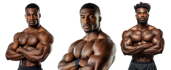Muscular Trio Portraits, three men, fit physiques, arms crossed, confident expressions, showcase athletic strength Isolated on white background or PNG