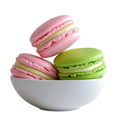 Pastel macarons, pink and green, stacked in a white bowl, sweet treats, layered with cream filling, dessert display Isolated on white background or PNG