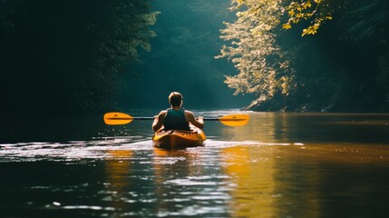 Serene Kayaker Paddling Through Lush Green Forest