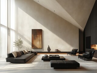Modern minimalist family room featuring persik walls, sharp-edged black furniture, and simple geometric decor for a refined look