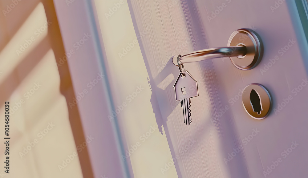 Poster a key is inserted into a door handle, casting a shadow on the surface.