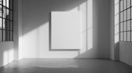 Blank Canvas Mockup in Minimalist Loft: A pristine white canvas stands prominently against a backdrop of sleek, modern architecture. Sunlight streams through expansive windows.