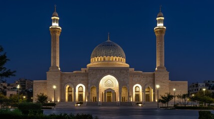 Nighttime View of a Magnificent Mosque with Illuminated Minarets