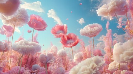 A dreamlike spring landscape where oversized flowers bloom in a whimsical forest, pastel colors dominate the scene, with a clear blue sky and playful, floating clouds