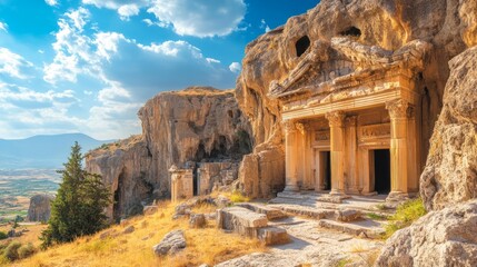 Ancient Rock-Hewn Tombs at Sunset in a Scenic Landscape