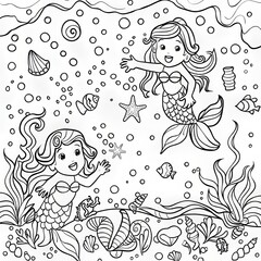 Fototapeta premium Two mermaids swim happily in the ocean, surrounded by bubbles and sea life. This black and white illustration is perfect for coloring.