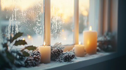 Frosted window with Christmas decorations and candles on the windowsill