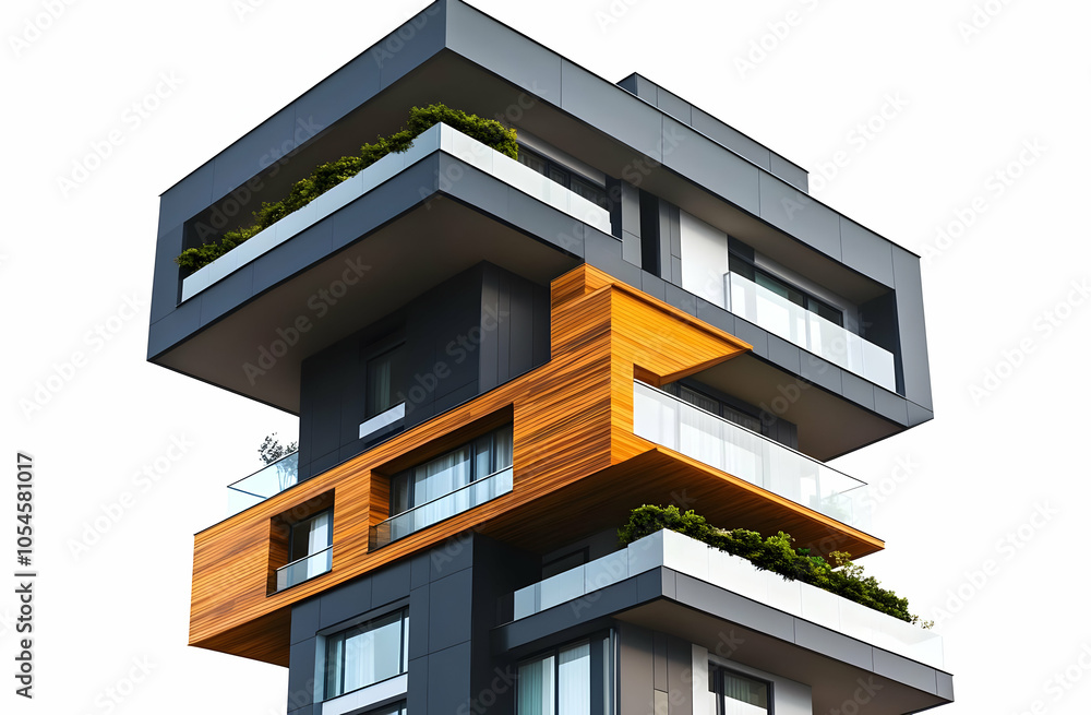 Poster modern architectural design featuring a multi-level building with balconies and greenery.