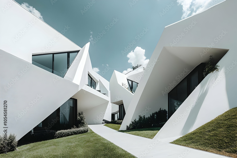 Poster modern architectural structures with angular designs and greenery.