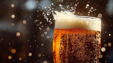 Refreshing Foam Topping on Beer Glass with Splashes and Bokeh Background
