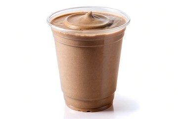 Chocolate protein shake, light brown, plastic cup, white background