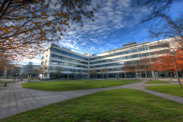 Obraz premium Modern building surrounded by green lawn and trees under a cloudy sky.