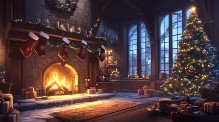 Obraz premium Cozy Christmas living room with a fireplace, decorated Christmas tree, and presents.