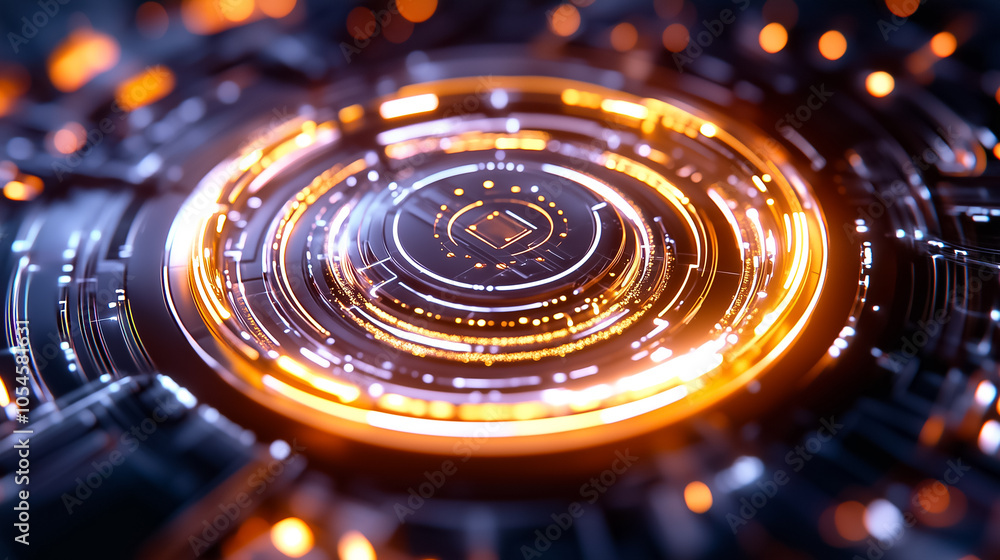 Poster a glowing, futuristic interface showcases intricate patterns and data visualization in a dimly lit s