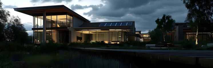 Obraz premium Modern architectural design featuring a well-lit house at night amidst a natural setting.
