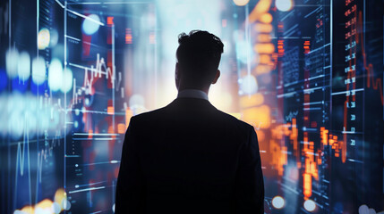 Businessman amidst virtual financial data elements