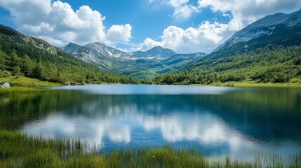 Serene Mountain Lake Surrounded by Majestic Peaks and Lush Greenery