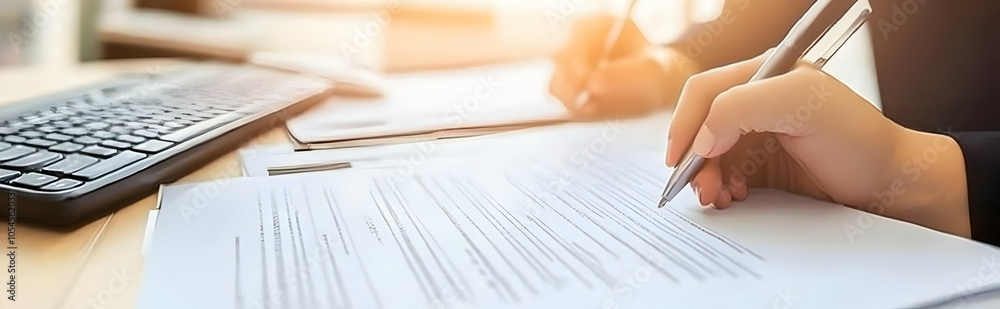 Aufkleber a close-up of hands signing documents on a desk with a keyboard in the background.