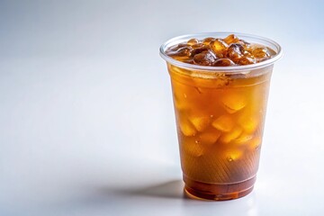 Iced oolong tea, amber brown, plastic cup, white background