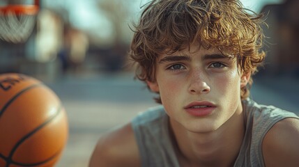 Teenage boy focused on basketball in an outdoor court during late afternoon sunlight